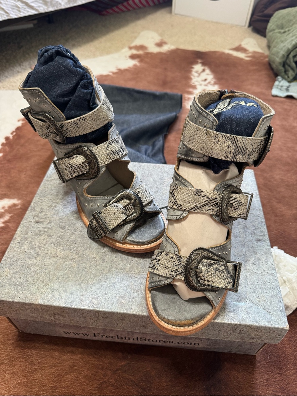 Freebird by Steven Gray Snakeskin Strappy Buckle Heels